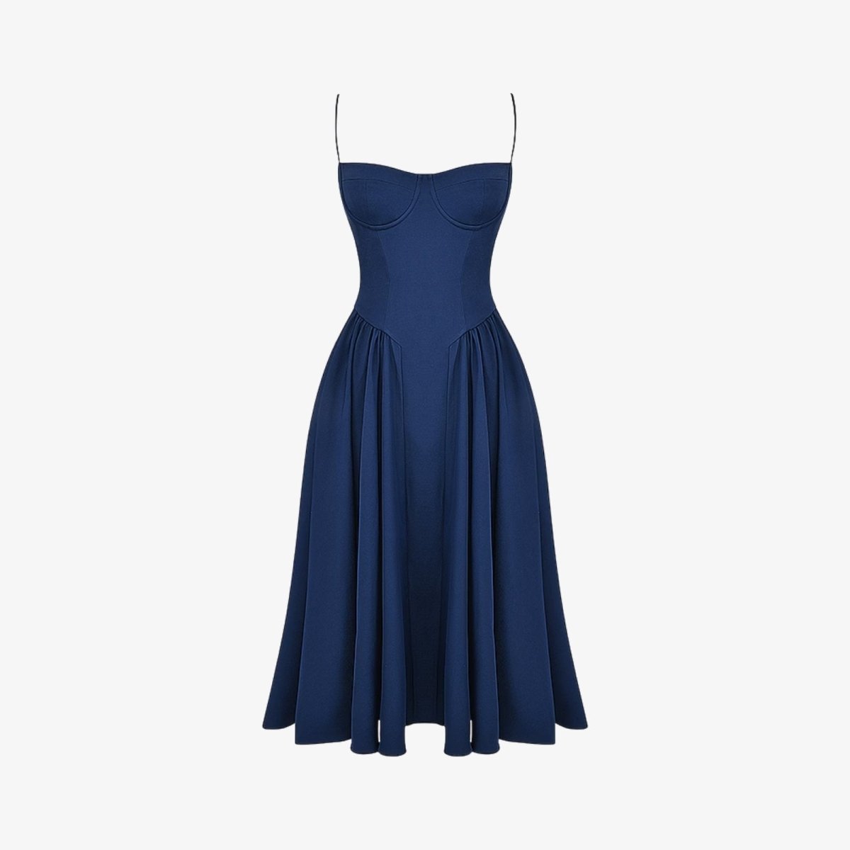 Product-only image of the navy Evdokia corset dress by Kouvr against a white background, showcasing its shape and structure.