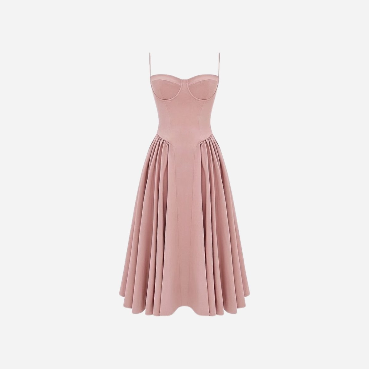 Product-only photo of the Kouvr Evdokia bustier midi dress in pink on a light grey background, highlighting its A-line shape and corset top.