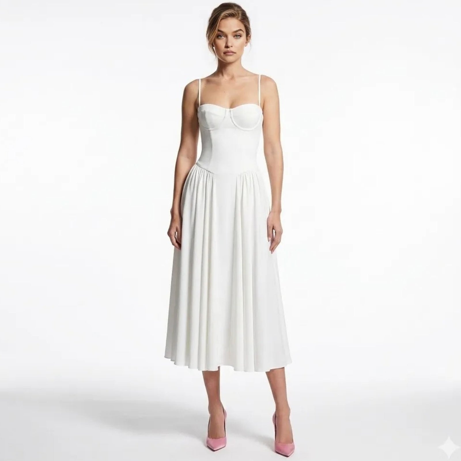 Model wearing the Evdokia white corset bustier midi dress by Kouvr Fashion, front view, styled with pink heels.