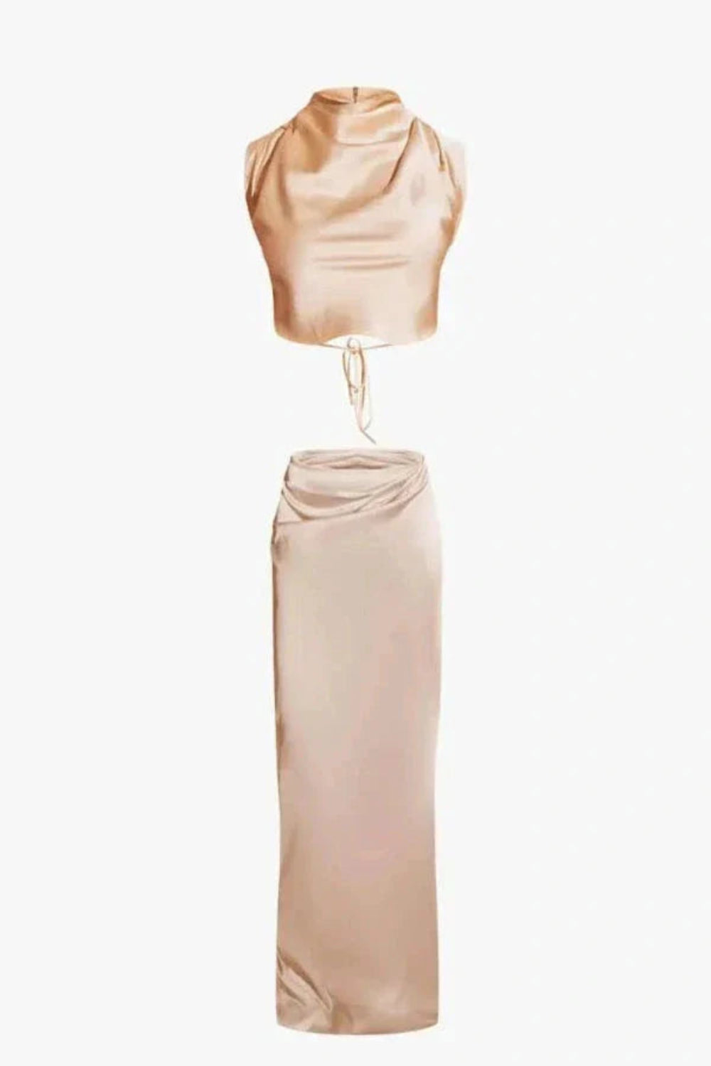 ensemble," "backless evening top," "draped neckline," "lustrous," "silk-like," "gala outfit," "wedding guest dress alternative," and "vacation formalwear