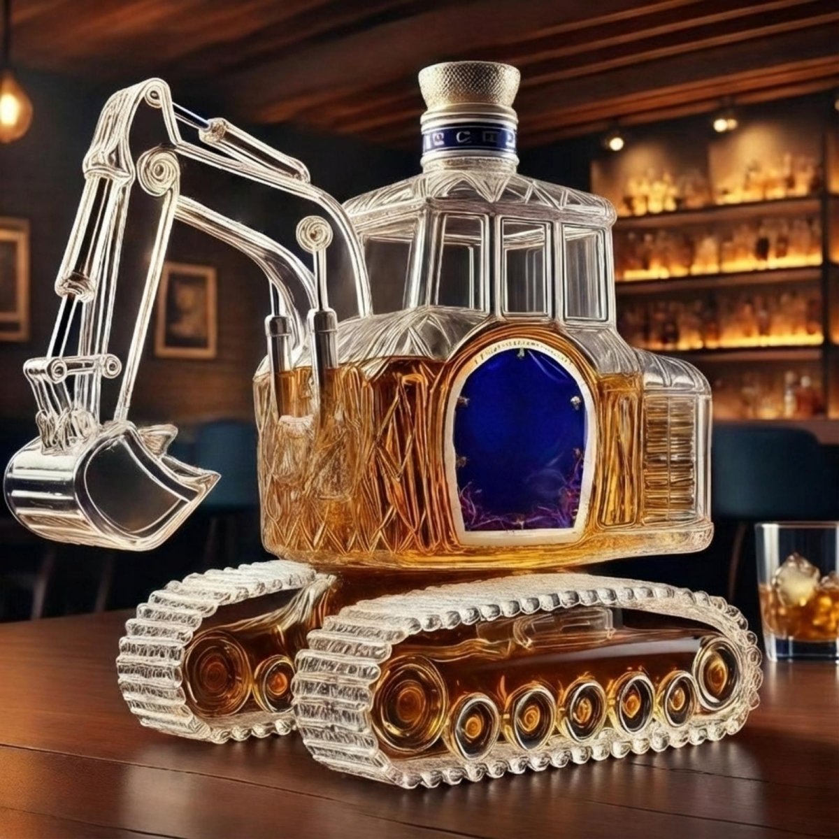 Side view of the Kouvr excavator whiskey decanter filled with amber bourbon, displayed on a wooden bar top with a glass in the background.