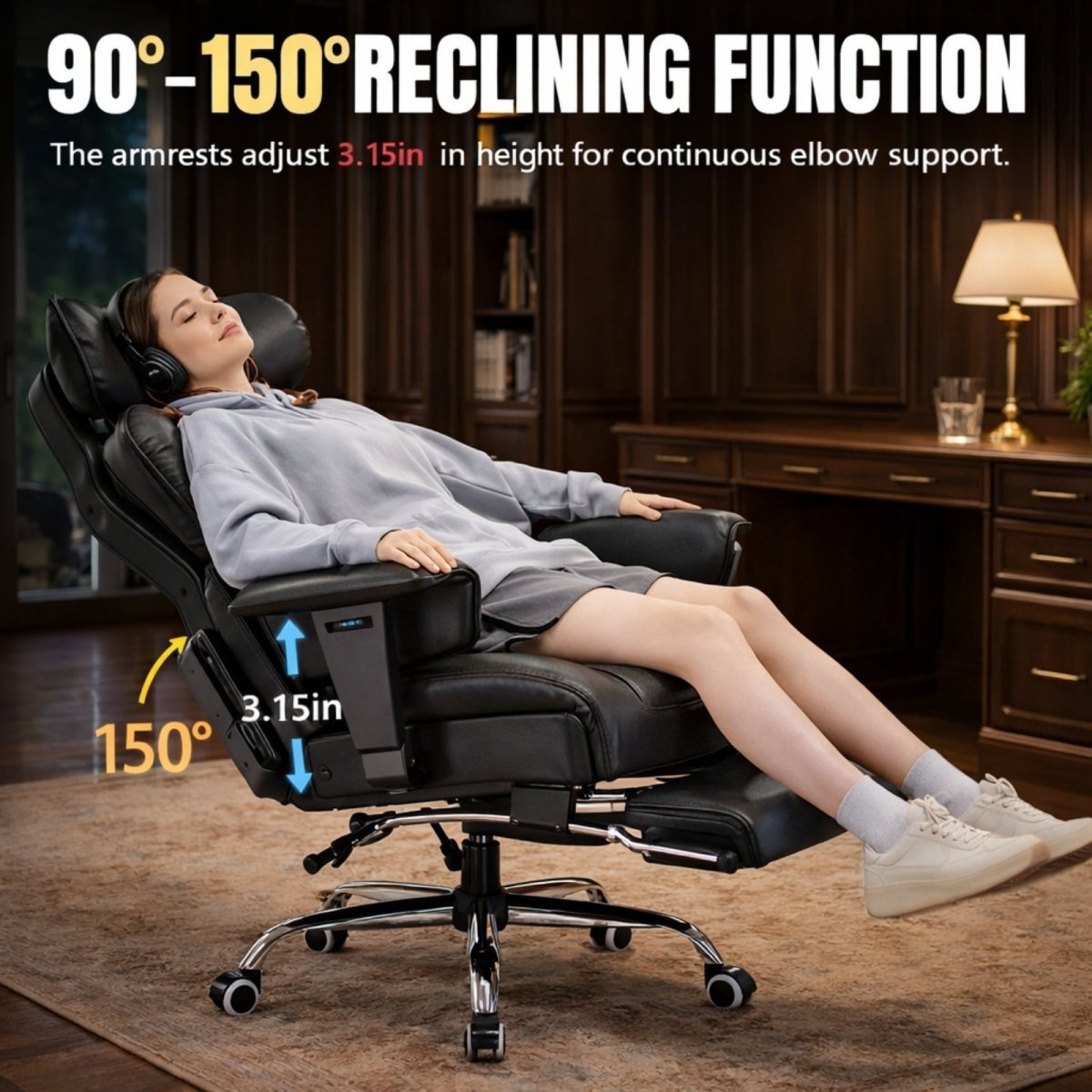 A woman reclining in the Kouvr executive office chair with the footrest extended, showing the 90 to 150-degree recline function.
Image 6 File Name: kouvr-pu-leather-quilted-backrest-detail.jpg