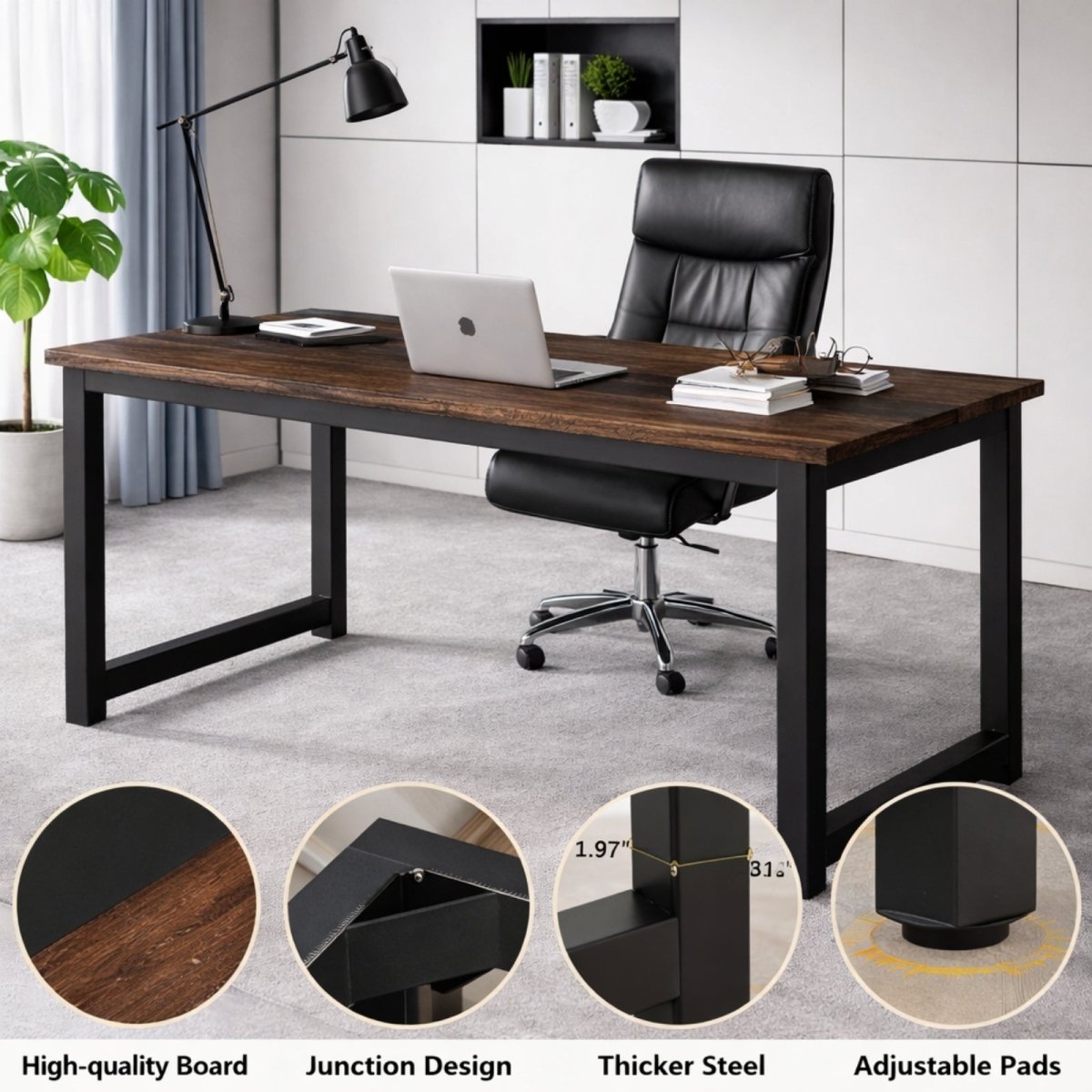 The Kouvr 71-inch industrial executive desk shown in a bright, modern home office with a black leather chair and built-in shelving.