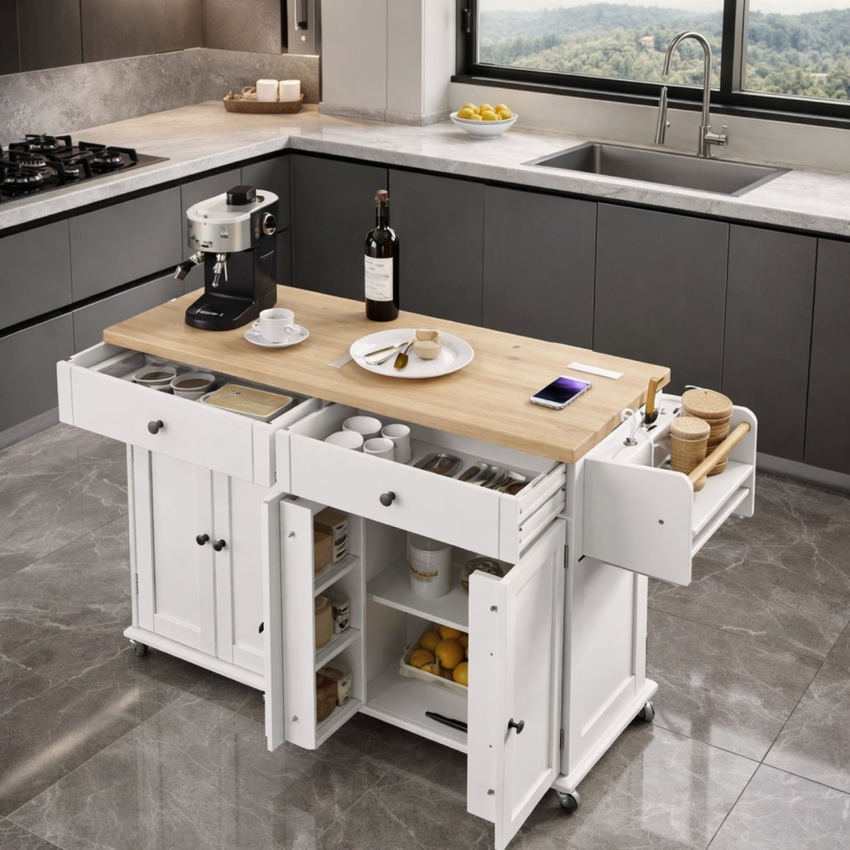 Overhead view of mobile kitchen island with drop leaf extended to create breakfast bar, showing ample workspace for dining and food prep.