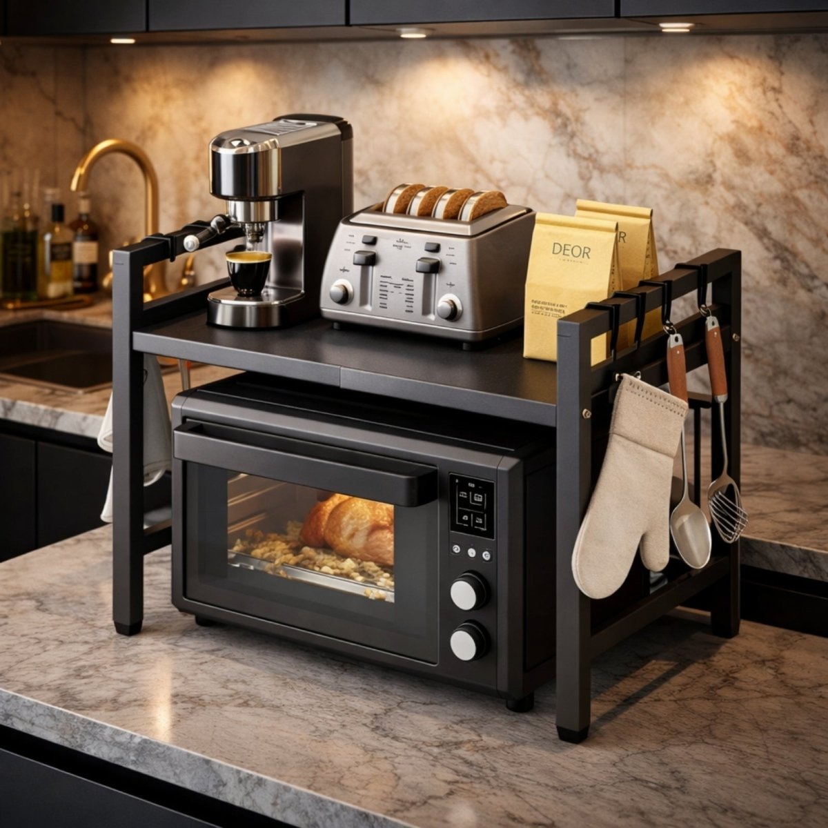 Black Kouvr expandable kitchen counter shelf staged over a black toaster oven, holding a coffee maker, toaster, and utensils on a marble countertop.