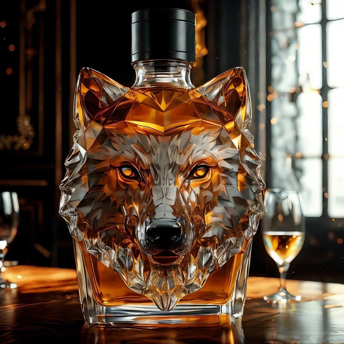 A detailed shot of the Kouvr wolf head decanter on a polished wood table, with wine glasses and an elegant, dark room in the background.