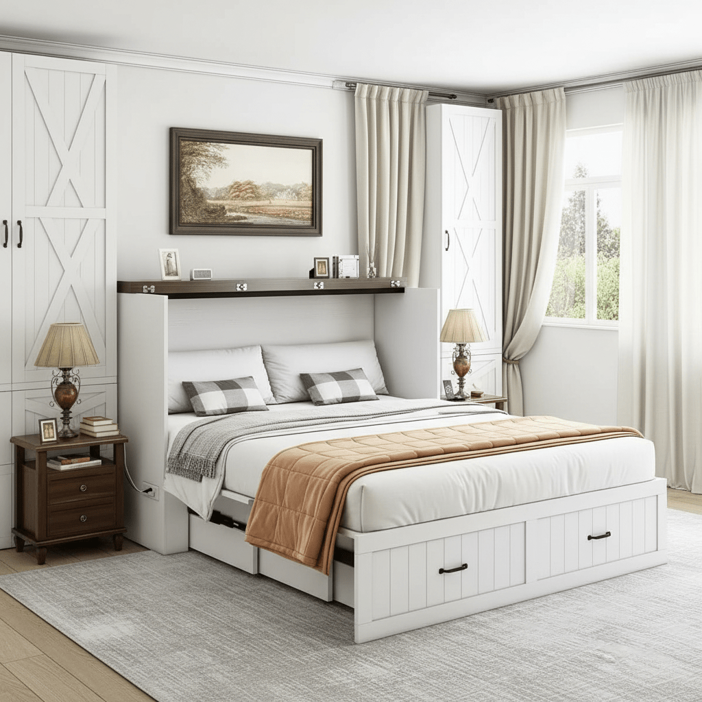 Farmhouse style white wood hidden guest bed cabinet fully closed functioning as a stylish space saving credenza in a living room