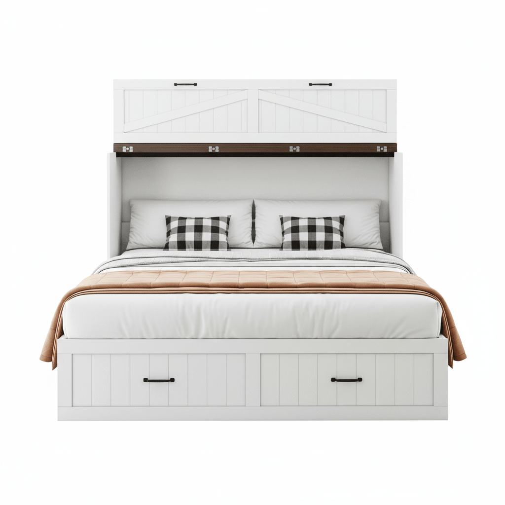White queen size folding cabinet bed fully opened with warm bedding in a modern sunlit bedroom setting by Kouvr