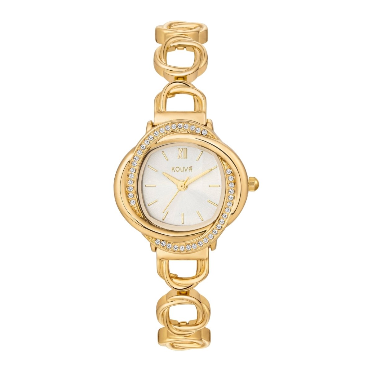 Gold kouvr watch with a white face on a white background