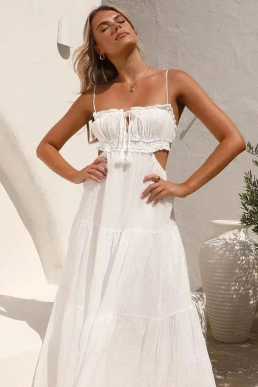 Grecian style dress," "resort wear for women," "open back sundress," "smocked bodice dress," "vacation outfit," "lightweight cotton dress," "Mykonos style," and "bridal shower dress