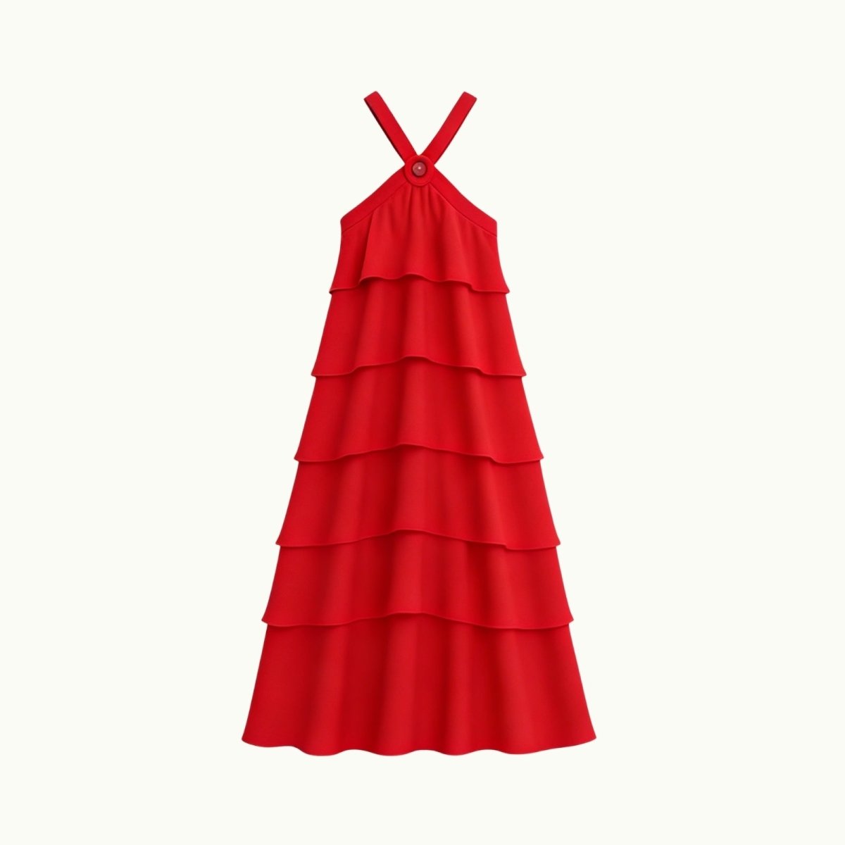 Red Kouvr tiered dress with straps on a white background