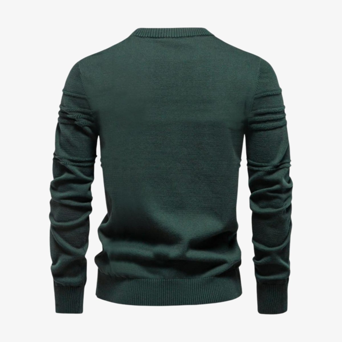 Product-only studio shot of the back of the Ander Textured Crewneck Sweater, showing the ruched-style texturing on the back of the sleeves.