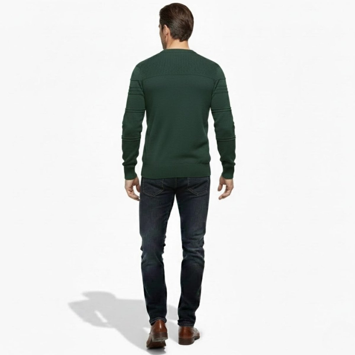 Back view of a male model wearing the slim fit Ander Crewneck Sweater in forest green, displaying the shoulder and back panel construction.