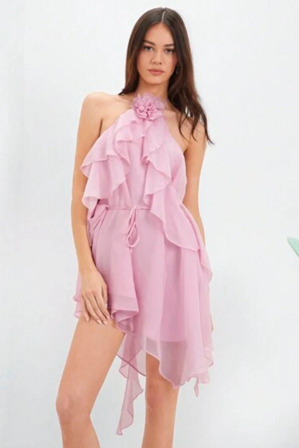 Anneliese Ruffle Halter Romper Dress in Dusty Rose | Asymmetrical Chiffon  with 3D Flower | Ethereal Cocktail Party Outfit