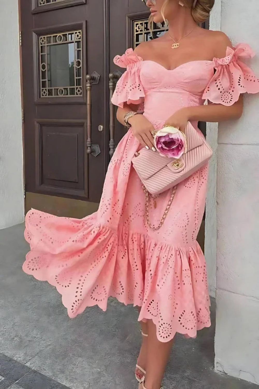 knee length dresses for ladies Adita | Blush Pink Mesh Floral Bardot Maternity Midi Dress