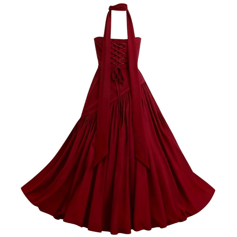 Burgundy Kouvr dress with a corset-style top on a white background