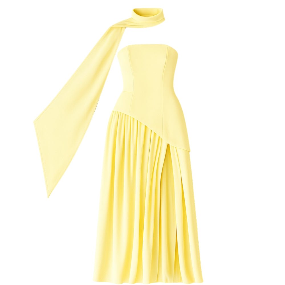 Yellow Kouvr halter neck dress with a draped shoulder on a white background