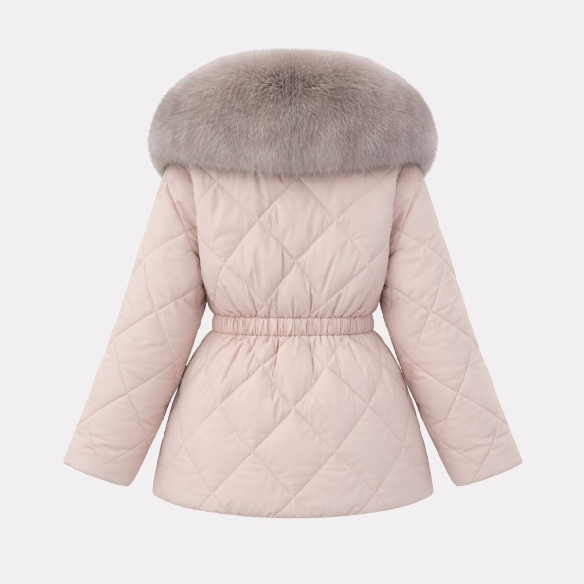 Back flat lay of a blush apricot quilted jacket highlighting the cinched elastic waist and diamond quilt pattern.