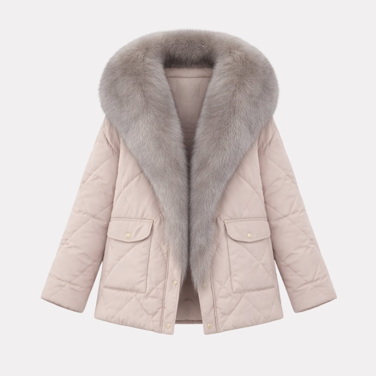 Front flat lay of a blush apricot quilted jacket with an oversized grey fox fur collar, showing front pockets and texture.