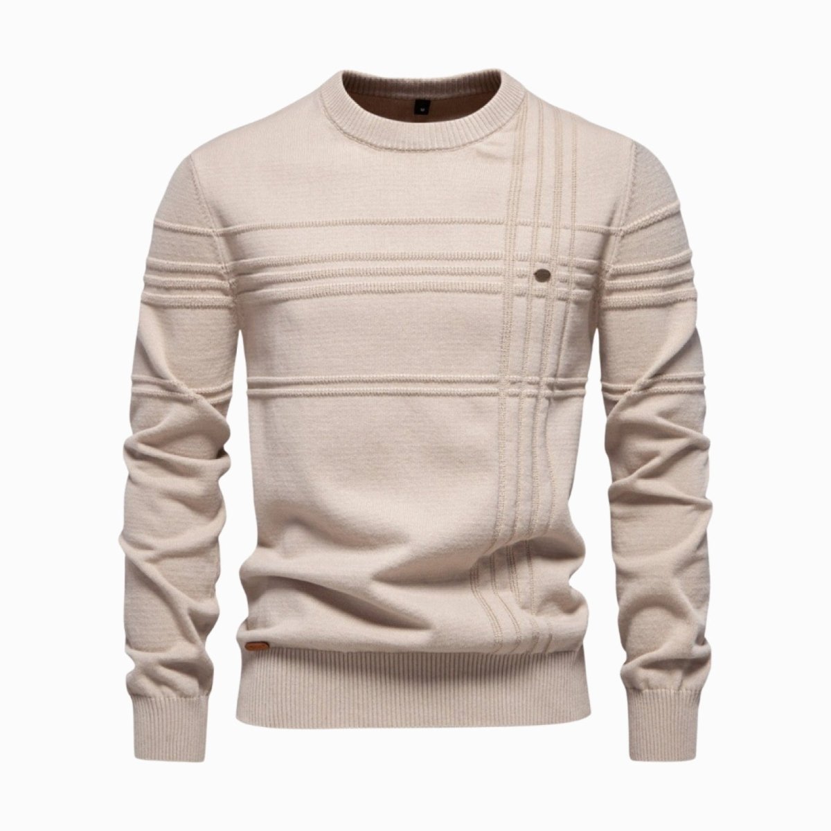 Product shot of the Kouvr Fashion apricot textured grid sweater for men, laid flat to show front details.