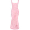 Model wearing Kouvr Arabella light pink corset midi dress with square neckline