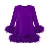 Flat lay of the Kouvr Fashion purple long sleeve mini dress, highlighting the rich violet color and fluffy ostrich feather trim.