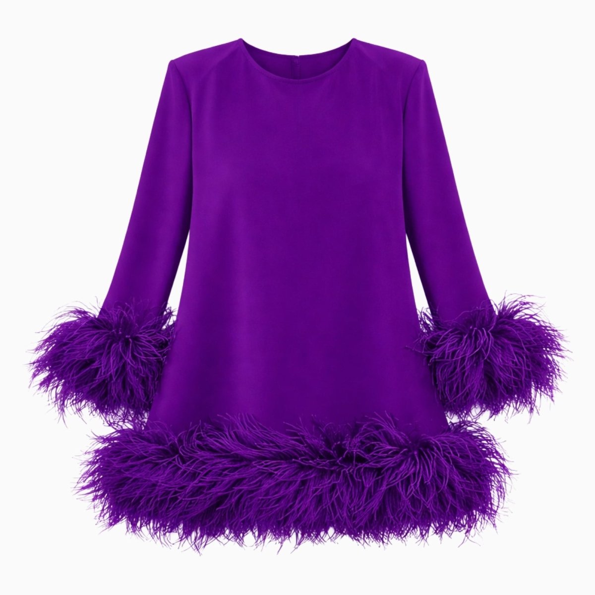 Flat lay of the Kouvr Fashion purple long sleeve mini dress, highlighting the rich violet color and fluffy ostrich feather trim.