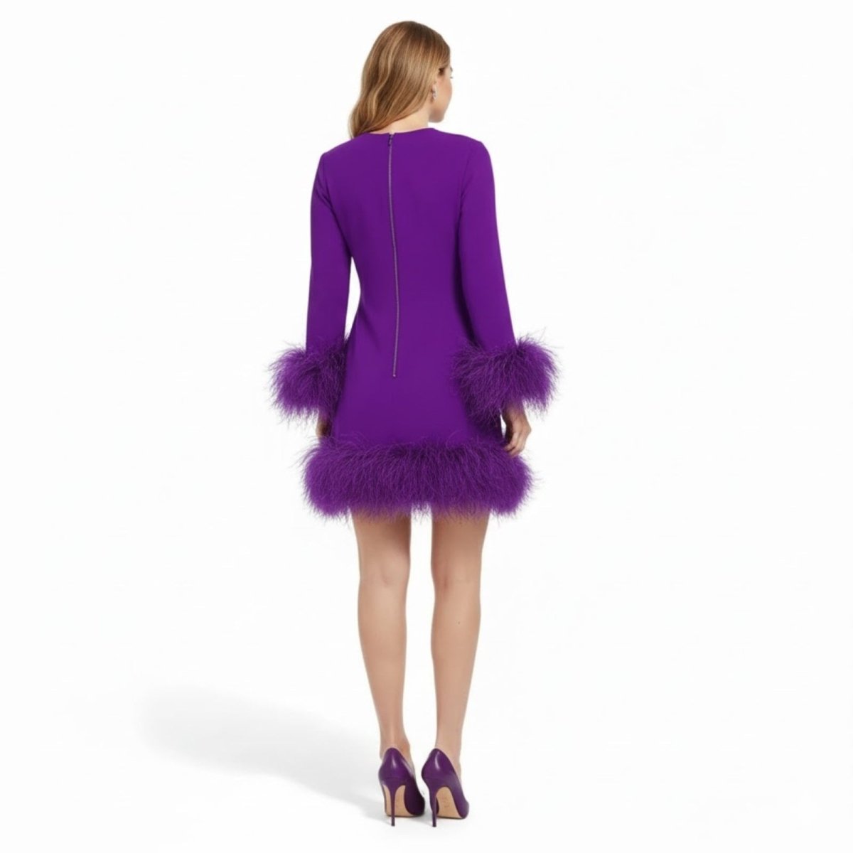 Back view of the Kouvr Fashion Arica purple mini dress, showing the long sleeves, feather cuffs, and concealed back zipper.
