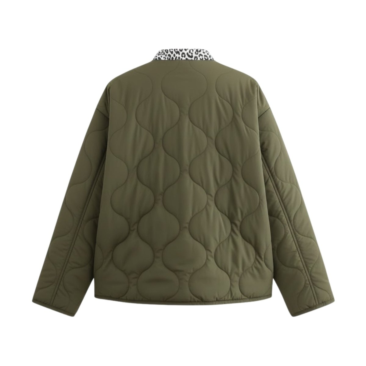 Back view of the army green quilted liner jacket from Kouvr Fashion, laid flat to showcase the full quilting design.