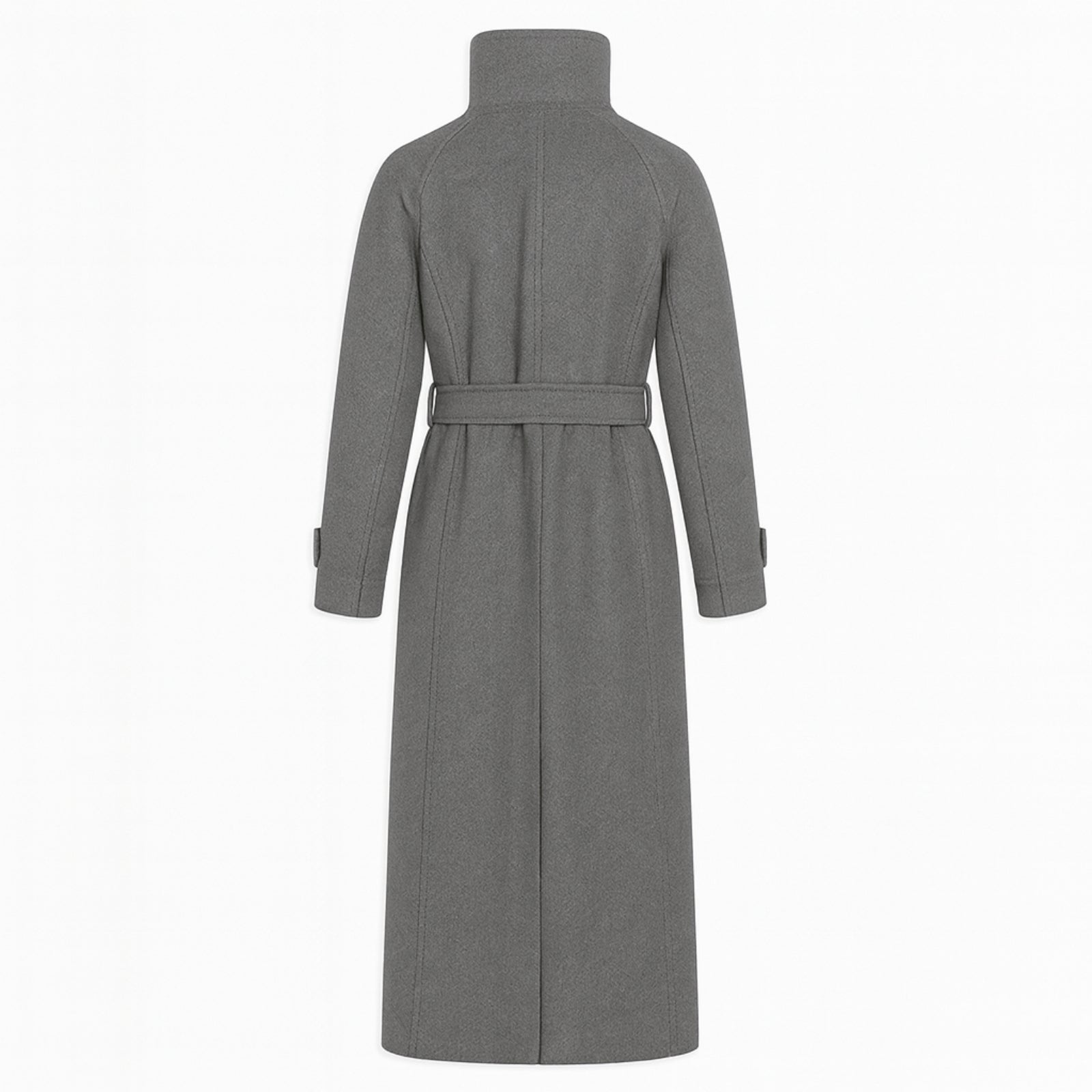 Flat lay showing the back construction of the heather grey Ashley wool coat, detailing the center seam and craftsmanship of the belt loops.