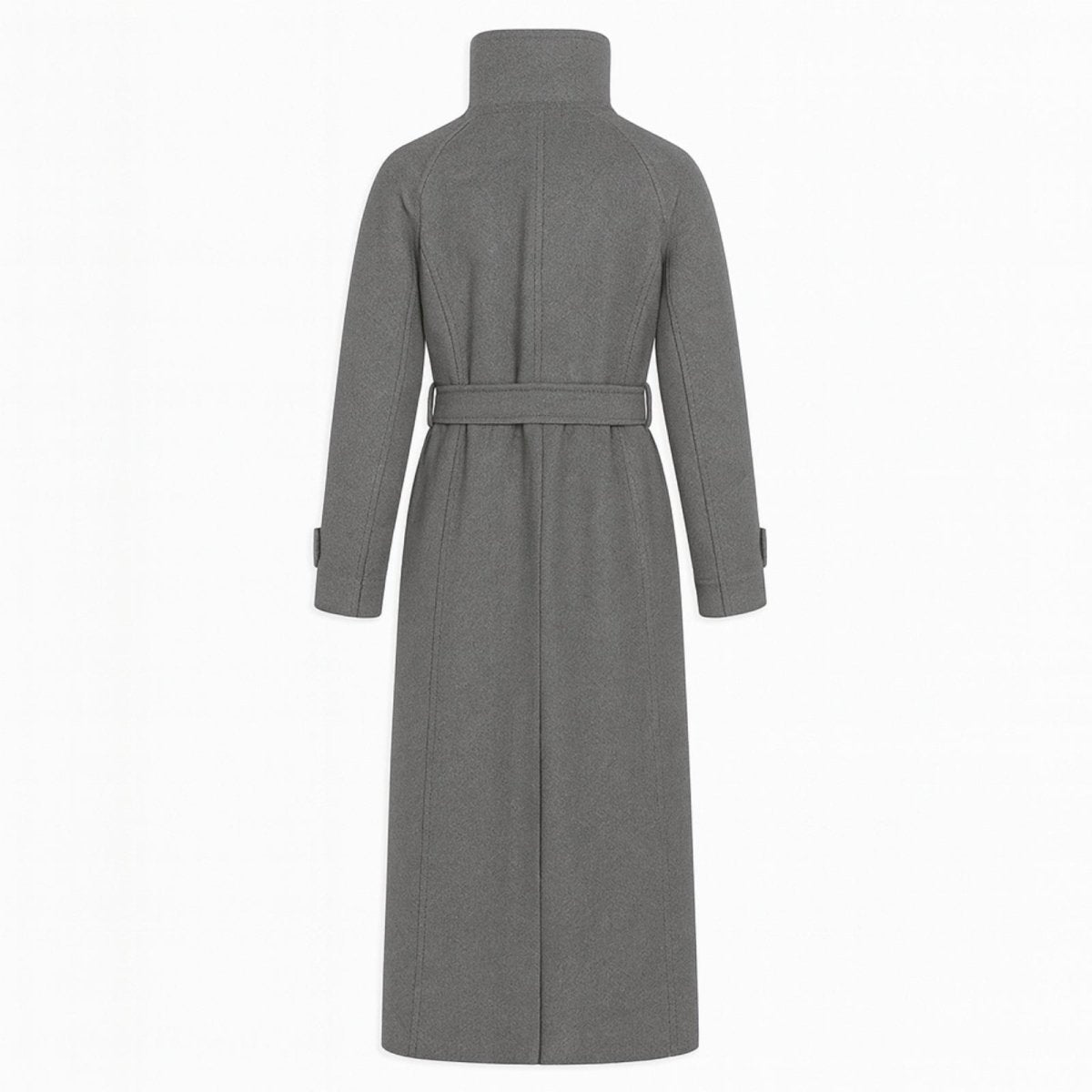 Flat lay showing the back construction of the heather grey Ashley wool coat, detailing the center seam and craftsmanship of the belt loops.