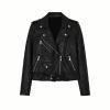Product-only shot of the Kouvr Fashion black faux leather moto jacket on a white background, front view, zipped up.