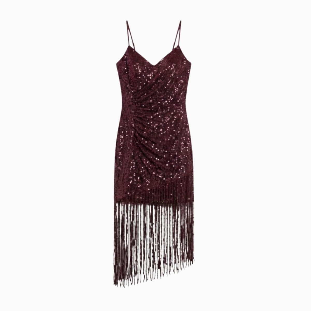 Flat lay product shot of the front of the burgundy sequin fringe dress, highlighting the V-neck and ruched detailing.