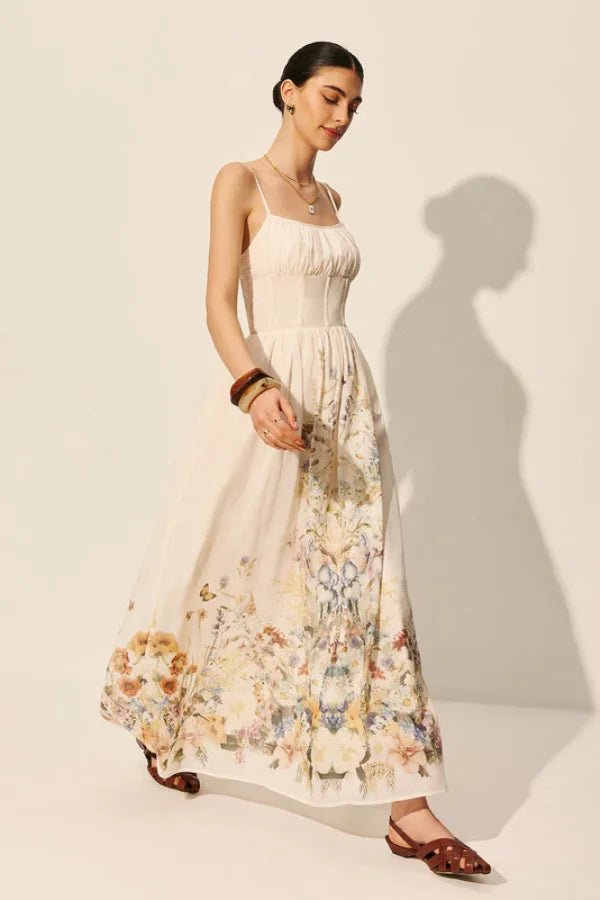 Floral Corset Maxi Dress in Ivory | Watercolor Garden Print Sundress for Wedding Guest, Vacation & Summer Party | 100% Cotton | Kouvr Fashion Floral Corset Maxi Dress in Ivory | Watercolor Garden Print Sundress for Wedding Guest, Vacation & Summer Party | 100% Cotton | Kouvr Fashion