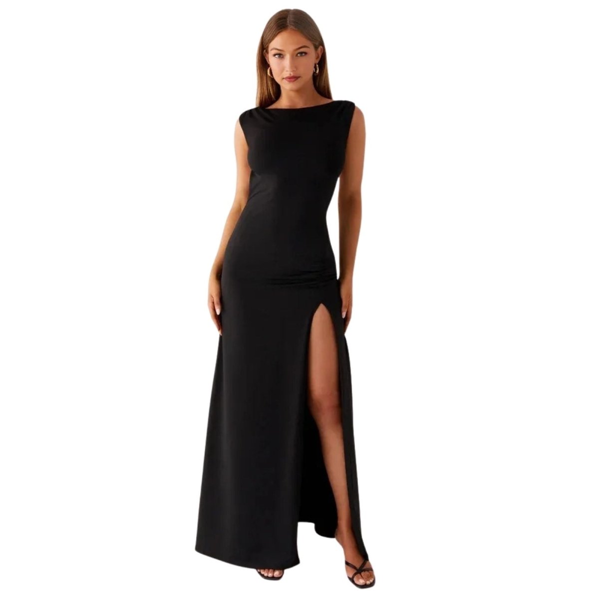 Black Backless Maxi Dress with High Slit | Formal Bateau Neck Evening Gown for Gala Black Tie Events | The 'Aura' Gown by Kouvr Fashion Black Backless Maxi Dress with High Slit | Formal Bateau Neck Evening Gown for Gala Black Tie Events | The 'Aura' Gown by Kouvr Fashion