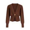 Flat lay product shot of the Kouvr Avaline single-button cropped cardigan in espresso brown.