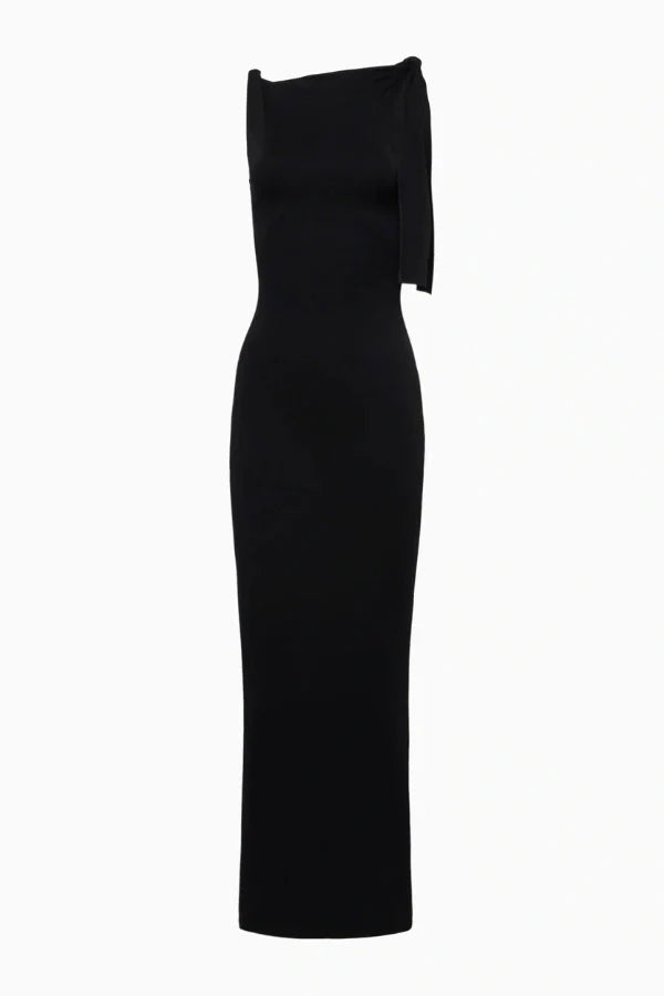 column silhouette," "draped shoulder," "floor-skimming hem," "minimalist aesthetic," "understated elegance
