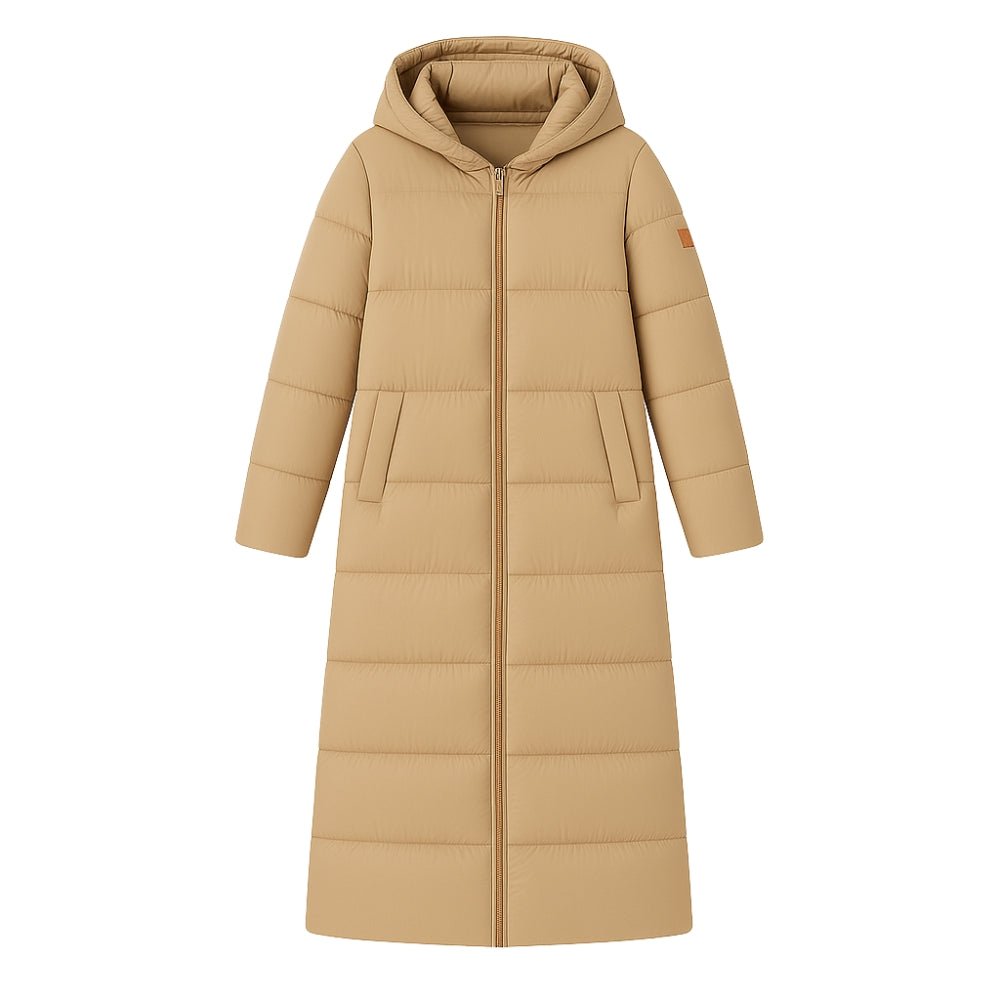 quilted outerwear," "thermal insulation," "cold weather essential," "winter parka," and "elegant down coat