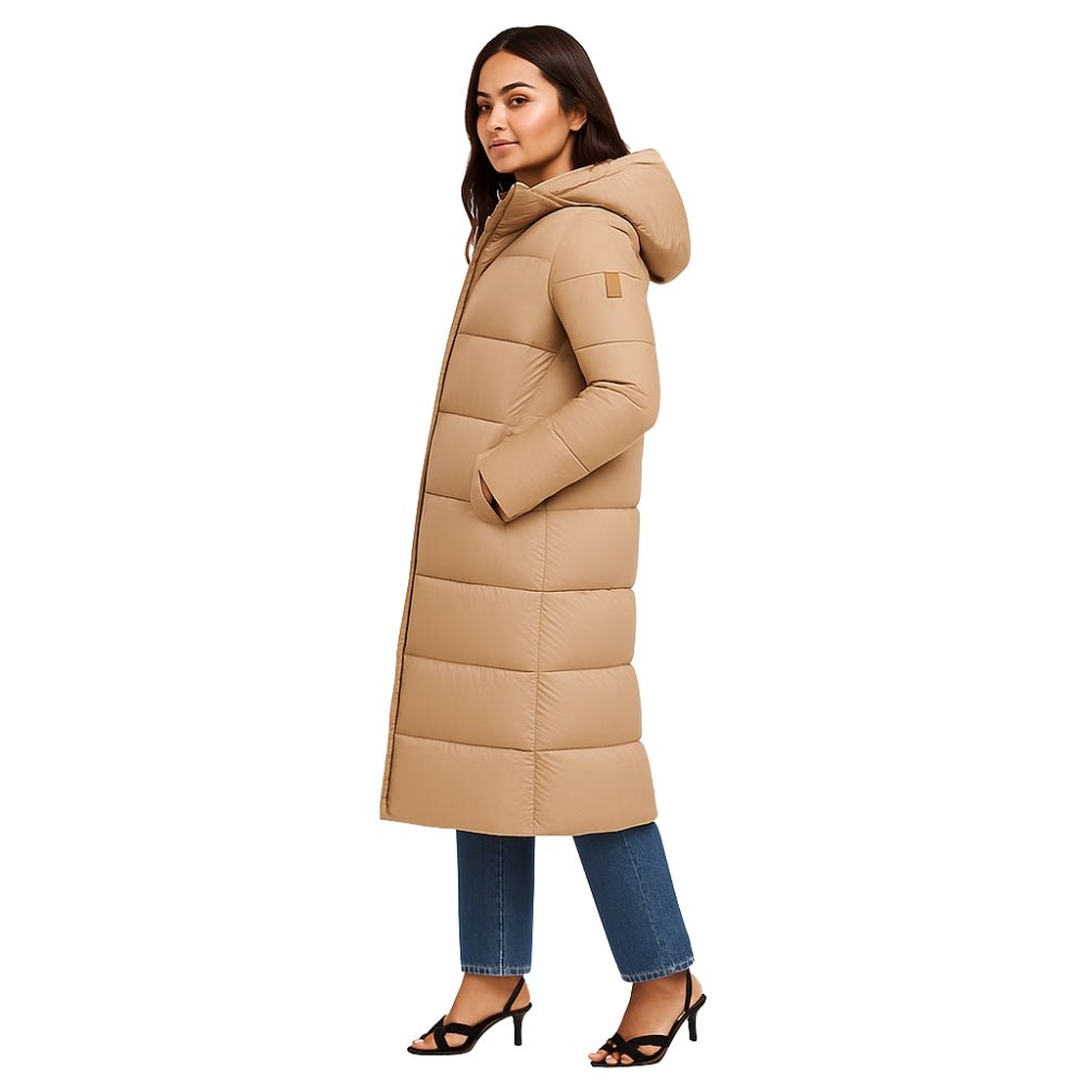 quilted outerwear," "thermal insulation," "cold weather essential," "winter parka," and "elegant down coat