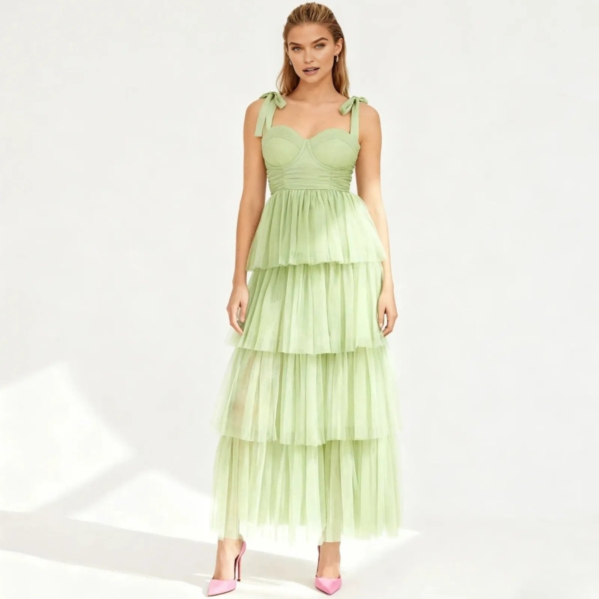 Tiered Tulle Maxi Dress for Weddings & Events | Corset Bodice Gown with Bow Straps for Wedding Guest & Prom | Kouvr Fashion Tiered Tulle Maxi Dress for Weddings & Events | Corset Bodice Gown with Bow Straps for Wedding Guest & Prom | Kouvr Fashion