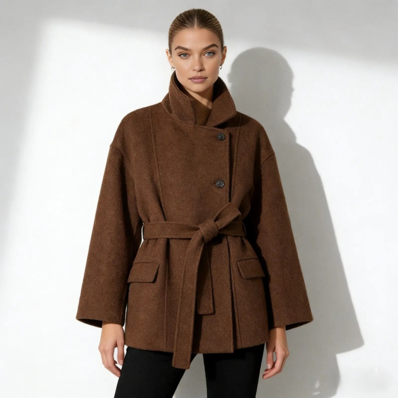 Model wearing the Kouvr Fashion brown belted funnel neck wool jacket, tied at the waist.