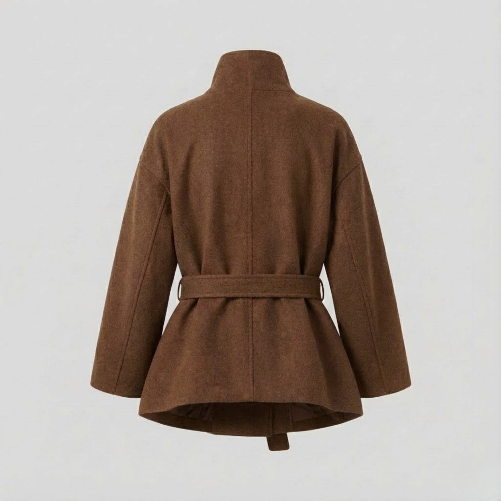 Product flat lay of the back of the Kouvr Fashion high-neck wool jacket in a rich brown color.