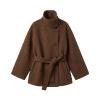 Flat lay of the Kouvr Fashion brown wool wrap coat showing the asymmetrical button closure and tie belt.