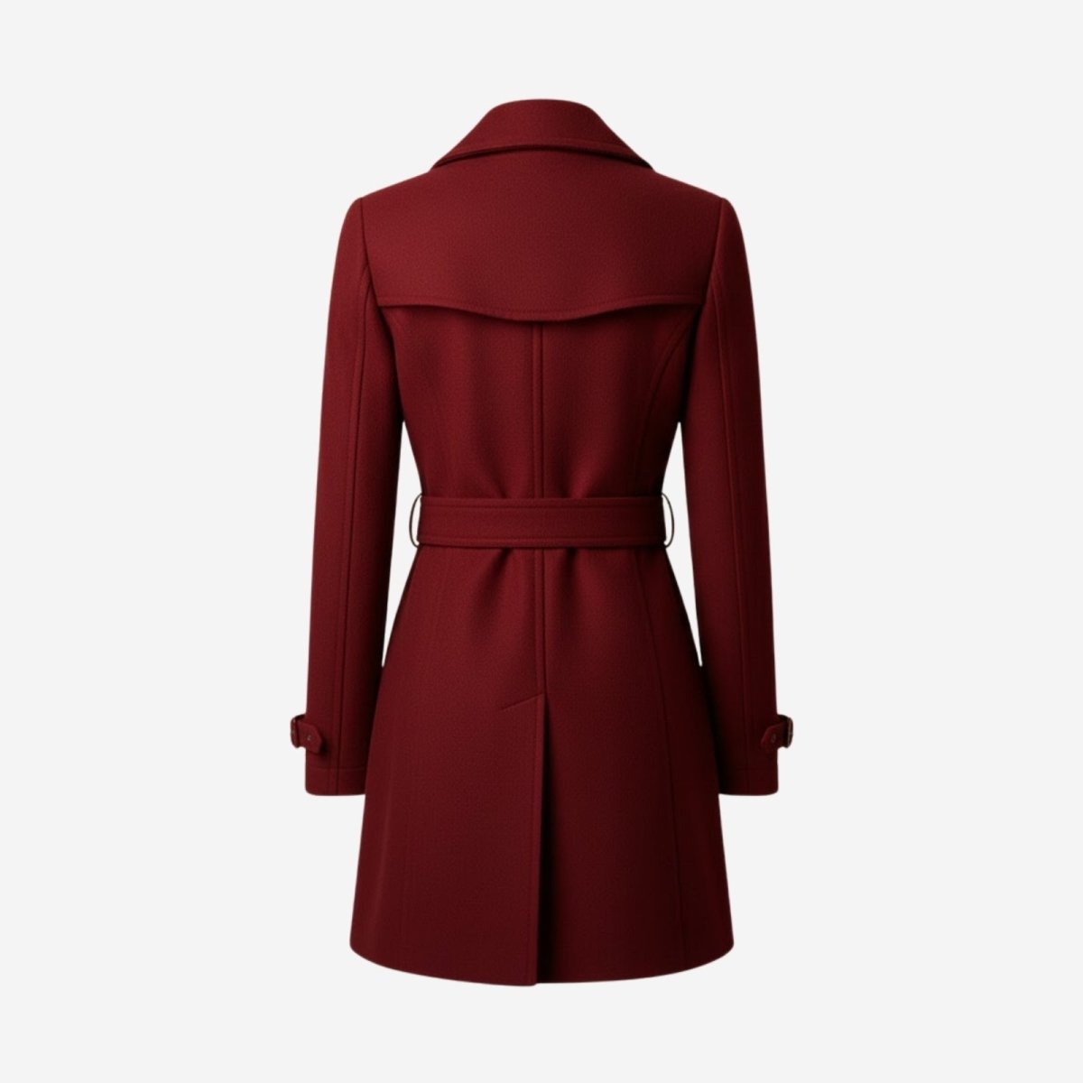 Back view studio product shot of the Kouvr Fashion belted wool trench coat, showcasing the center vent and belt detail.