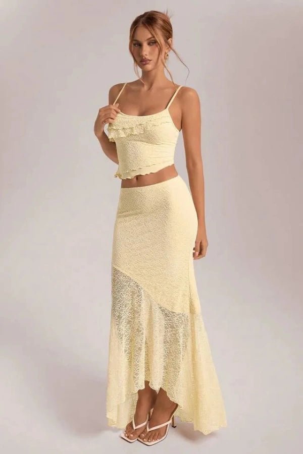 Yellow Lace Two Piece Set Ruffle Cami Crop Top Asymmetrical