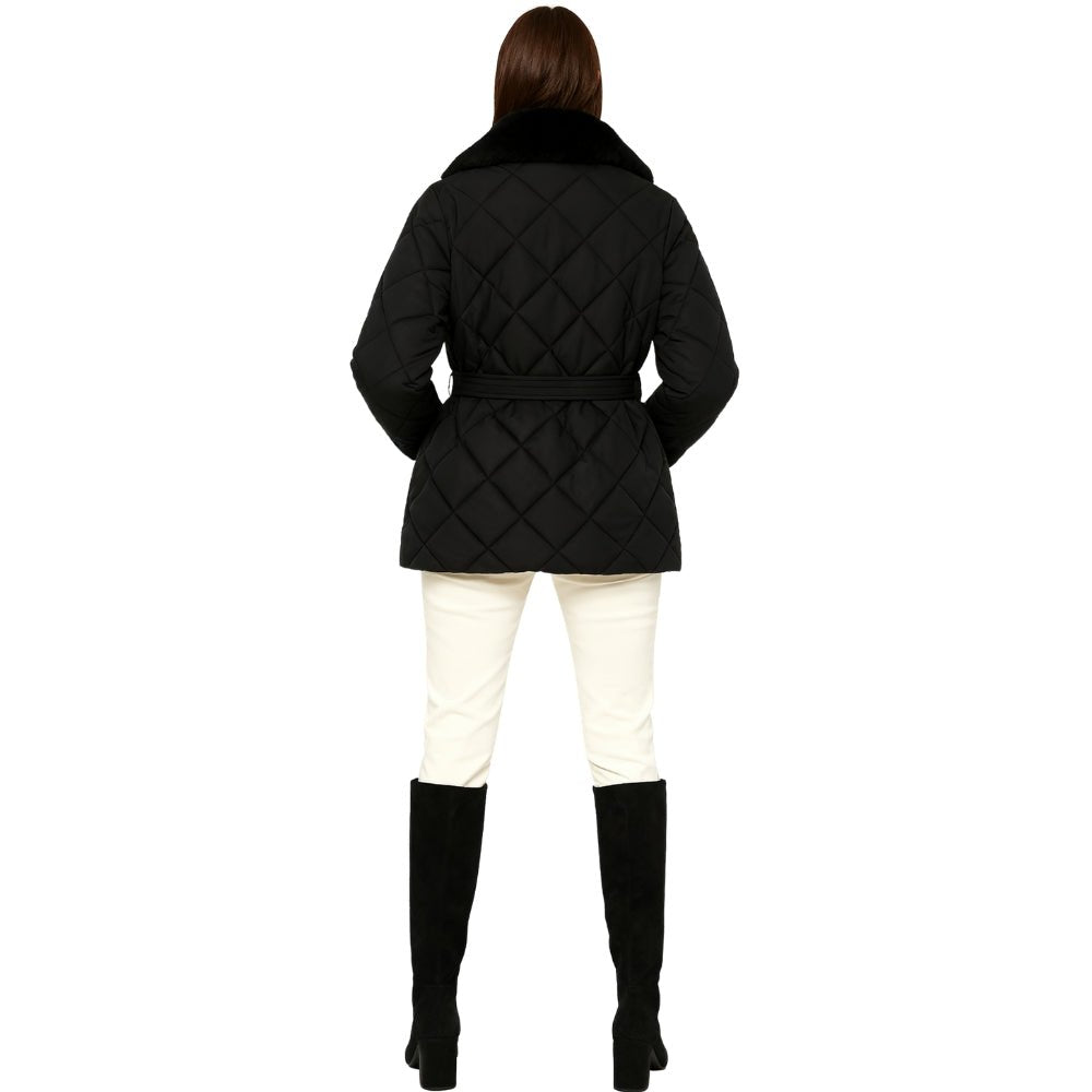 Diamond-stitch, puffer style, shawl collar, shearling trim, insulated outerwear, cold-weather essential, city coat