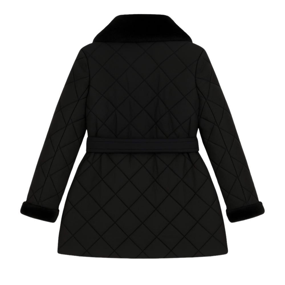 diamond stitch," "wrap silhouette," "shearling trim," and "thermal puffer