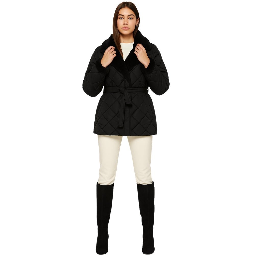 diamond stitch," "wrap silhouette," "shearling trim," and "thermal puffer