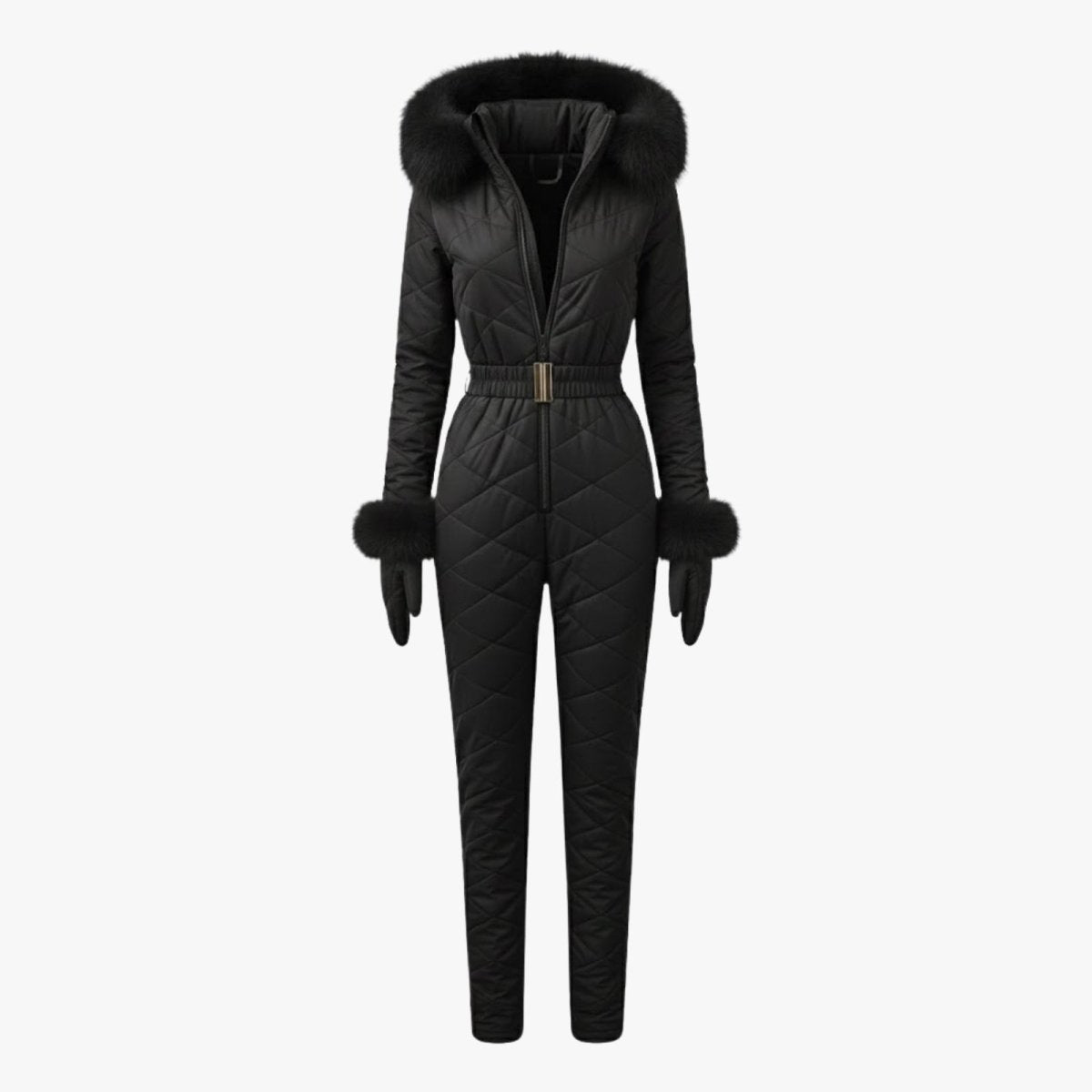Product flat lay of the Kouvr Fashion black one-piece snowsuit with matching gloves, showing the full garment details from the front.