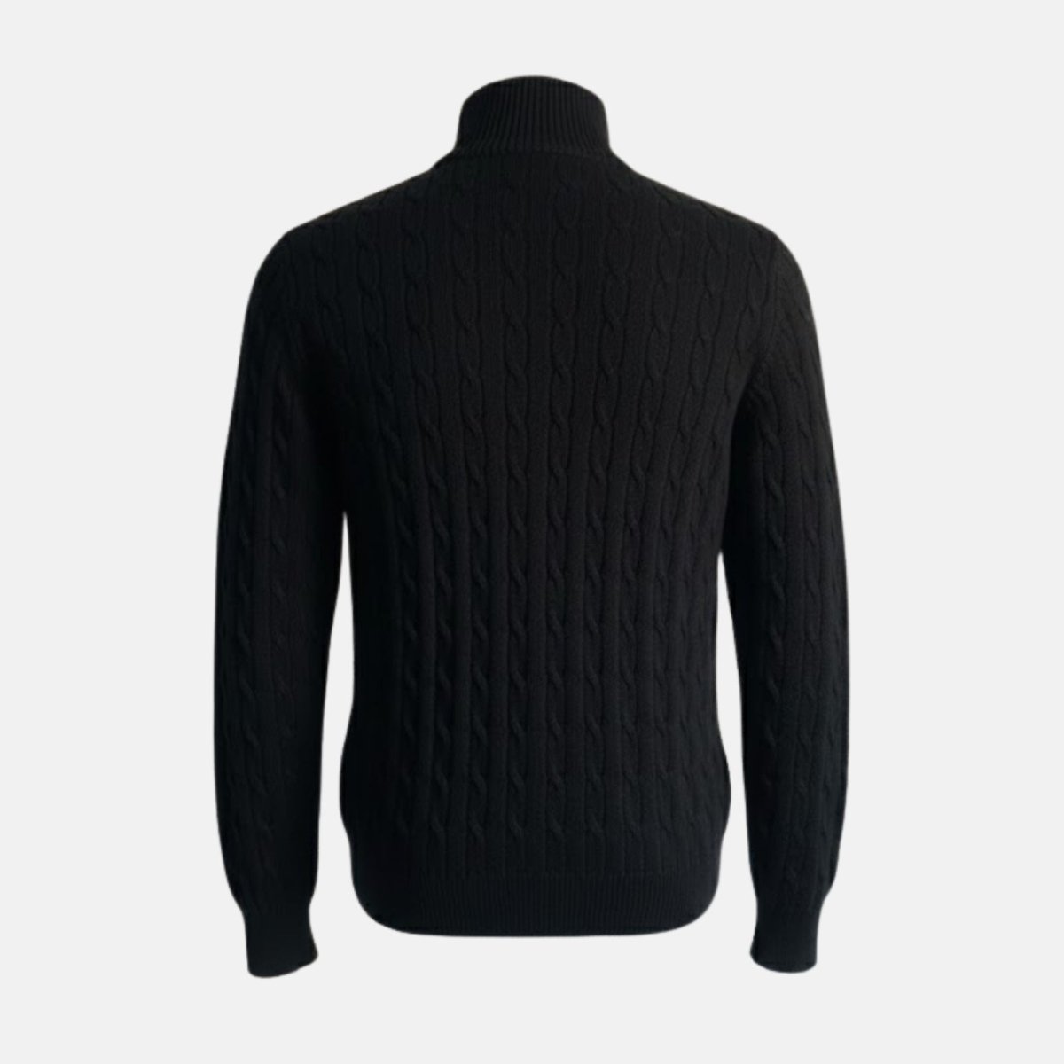 Back product shot of the Kouvr Fashion men's black cable-knit sweater, showcasing the continuous vertical cable-knit texture.
